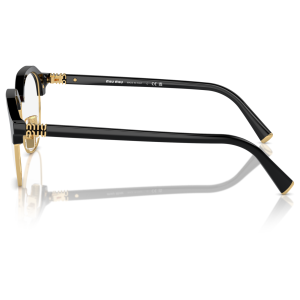 Occhiali Miu Miu, forma rotonda, montatura nera con dettagli dorati, eleganti e sofisticati.