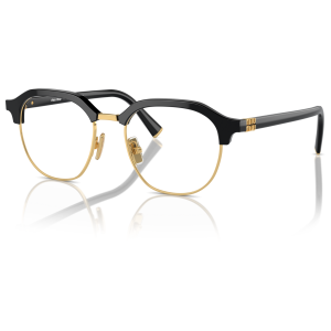 Occhiali Miu Miu, montatura clubmaster nera con dettagli oro, elegante e raffinata.