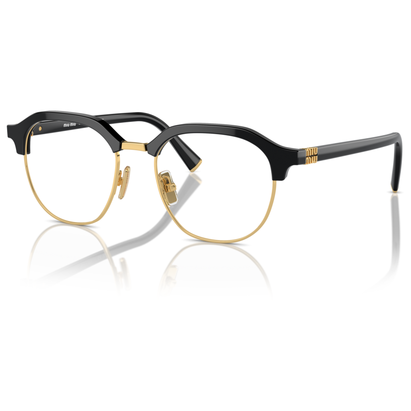 Occhiali Miu Miu, montatura clubmaster nera con dettagli oro, elegante e raffinata.