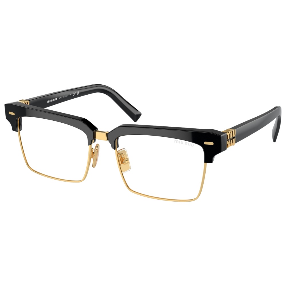 Miu Miu 10ZS 1AB08N Occhiali da sole Occhiali Miu Miu, montatura rettangolare nero e oro, design elegante con dettagli dorati raffinati.