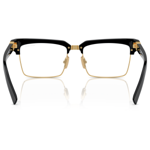 0MU_10ZS__1AB08N__P21__shad__bk Occhiali da vista squadrati con montatura nera e dettagli in oro, materiale plastico e metallico.