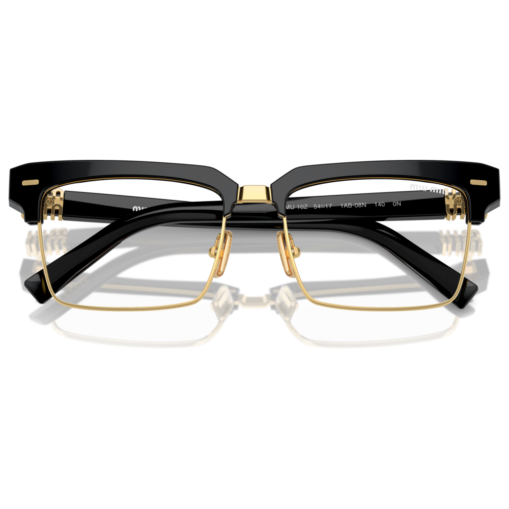 Occhiali da vista, montatura nera e oro, forma squadrata, dettagli eleganti. Marchio Miu Miu.