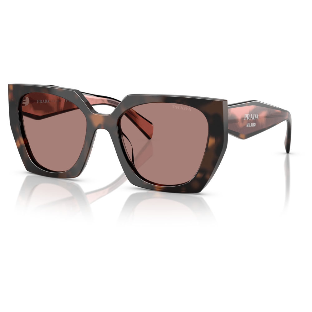Prada 15WS 23A60B Occhiali da sole Occhiali da sole Prada cat-eye, montatura in acetato tartarugato marrone, lenti rosa.