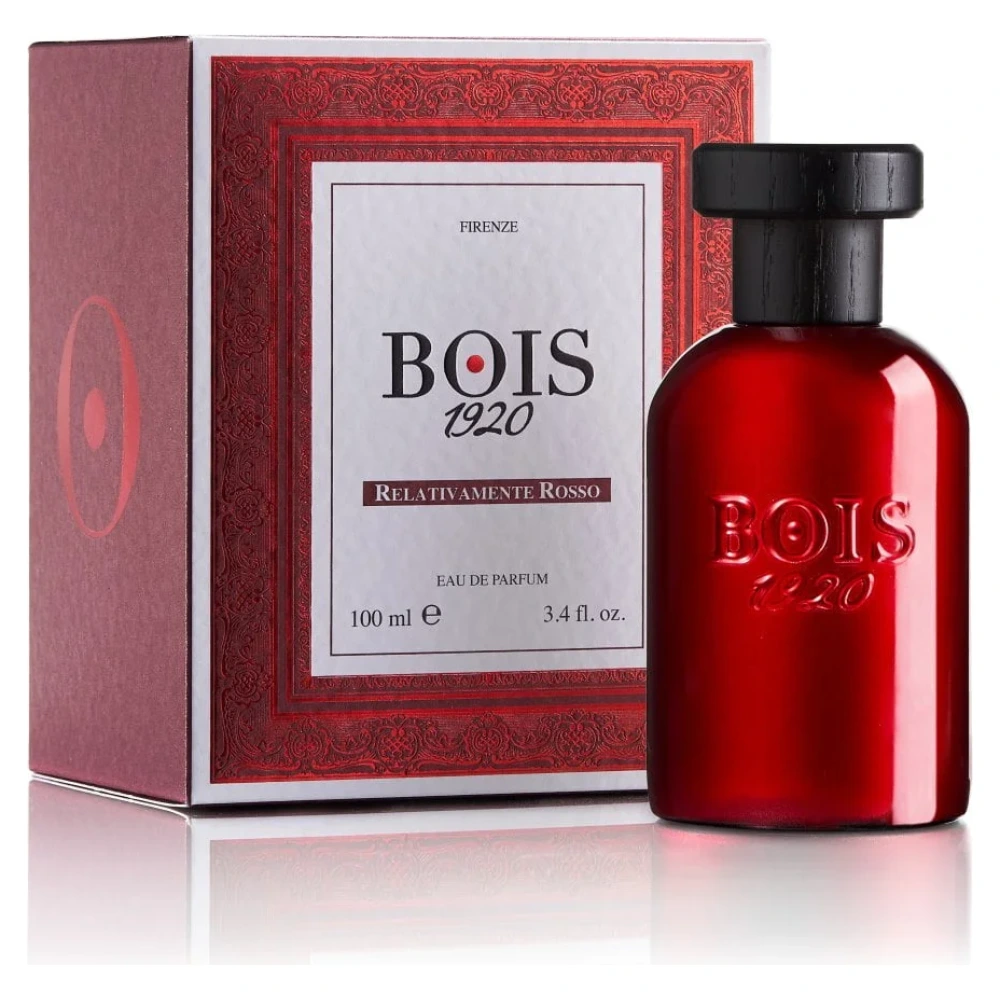 Profumo Bois 1920 Relativamente Rosso, elegante flacone rosso con tappo nero. Fragranza raffinata.
