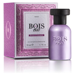 Profumo Bois 1920 Sensual Tuberose, Firenze, flacone viola e tappo nero, elegante e raffinato.