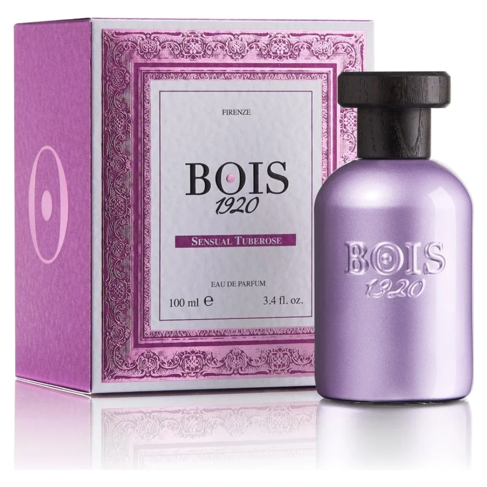 Profumo Bois 1920 Sensual Tuberose, bottiglia viola con tappo nero, scatola decorata in tonalità rosa.