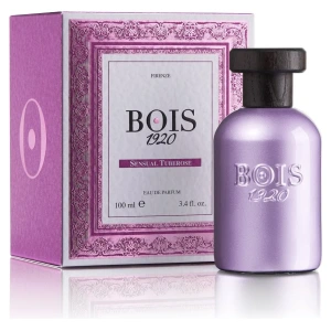 Profumo Bois 1920 Sensual Tuberose, bottiglia viola con tappo nero, scatola decorata in tonalità rosa.