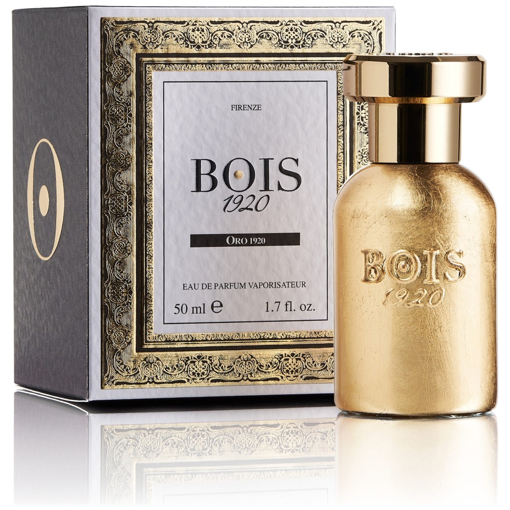 Profumo BOIS 1920 Oro 1920, elegante flacone dorato da 50 ml, con confezione decorata in stile classico.
