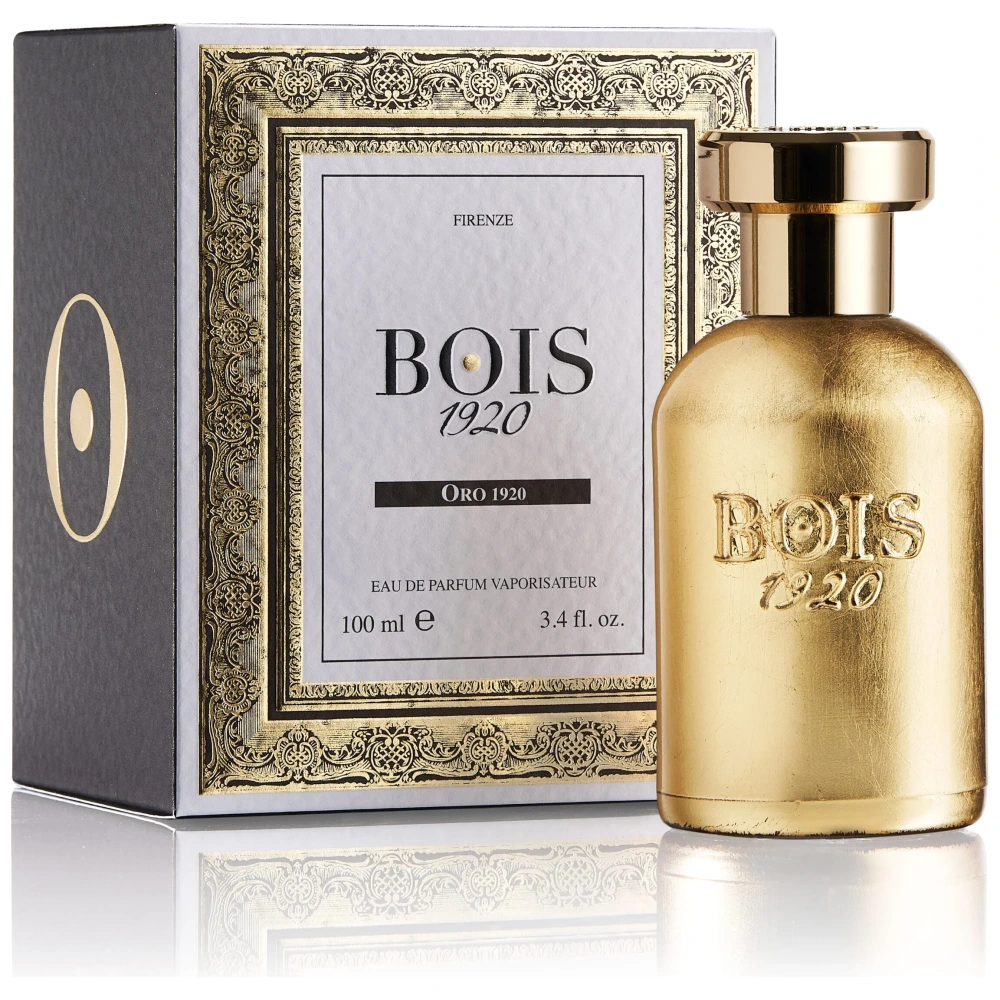 Profumo BOIS 1920 Oro 1920, bottiglia dorata elegante, confezione con dettagli decorativi in oro.