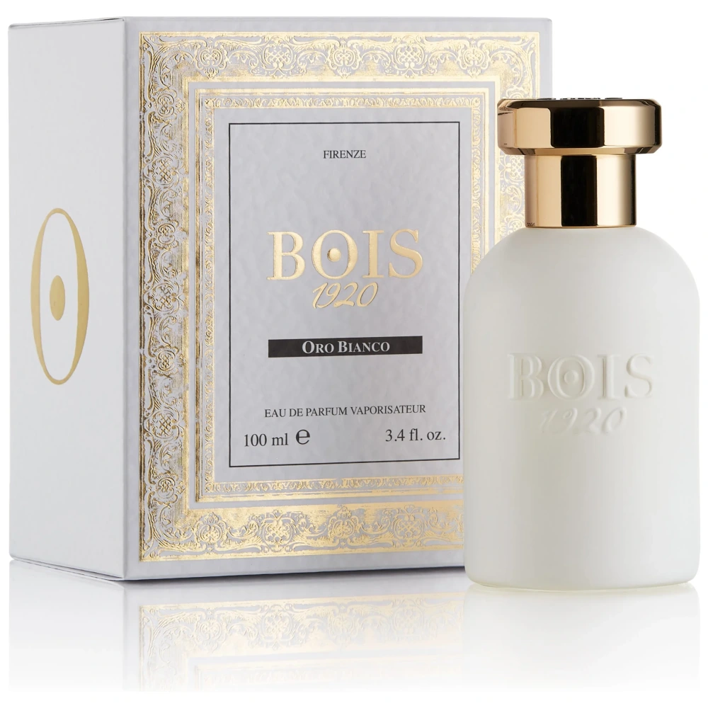 Profumo BOIS 1920 Oro Bianco, flacone elegante bianco con tappo dorato, confezione decorata in oro.