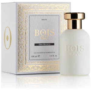 Profumo BOIS 1920 Oro Bianco, flacone elegante bianco con tappo dorato, confezione decorata in oro.