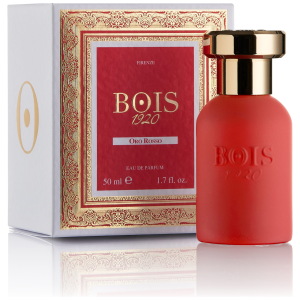 Profumo Oro Rosso di Bois 1920, elegante bottiglia rossa con dettagli dorati, essenza lussuosa.