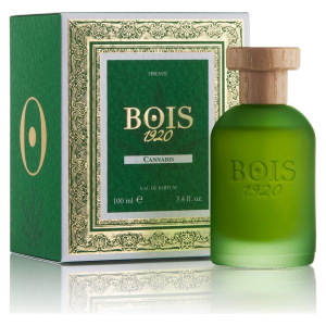 Profumo BOIS 1920 Cannabis, flacone verde con tappo effetto legno. Confezione elegante verde dorato.