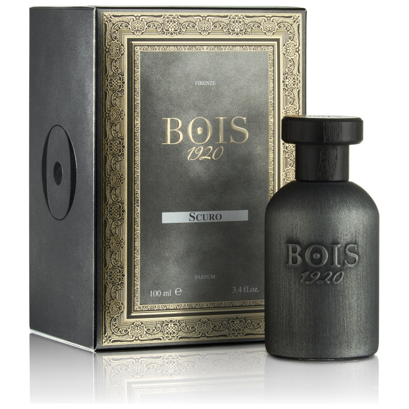 Profumo Bois 1920 Scuro, flacone nero elegante, packaging raffinato con dettagli dorati, 100 ml.
