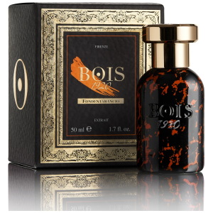 Profumo Bois 1920, Fondente Arancio, boccetta scura con dettagli arancioni, tappo dorato elegante.
