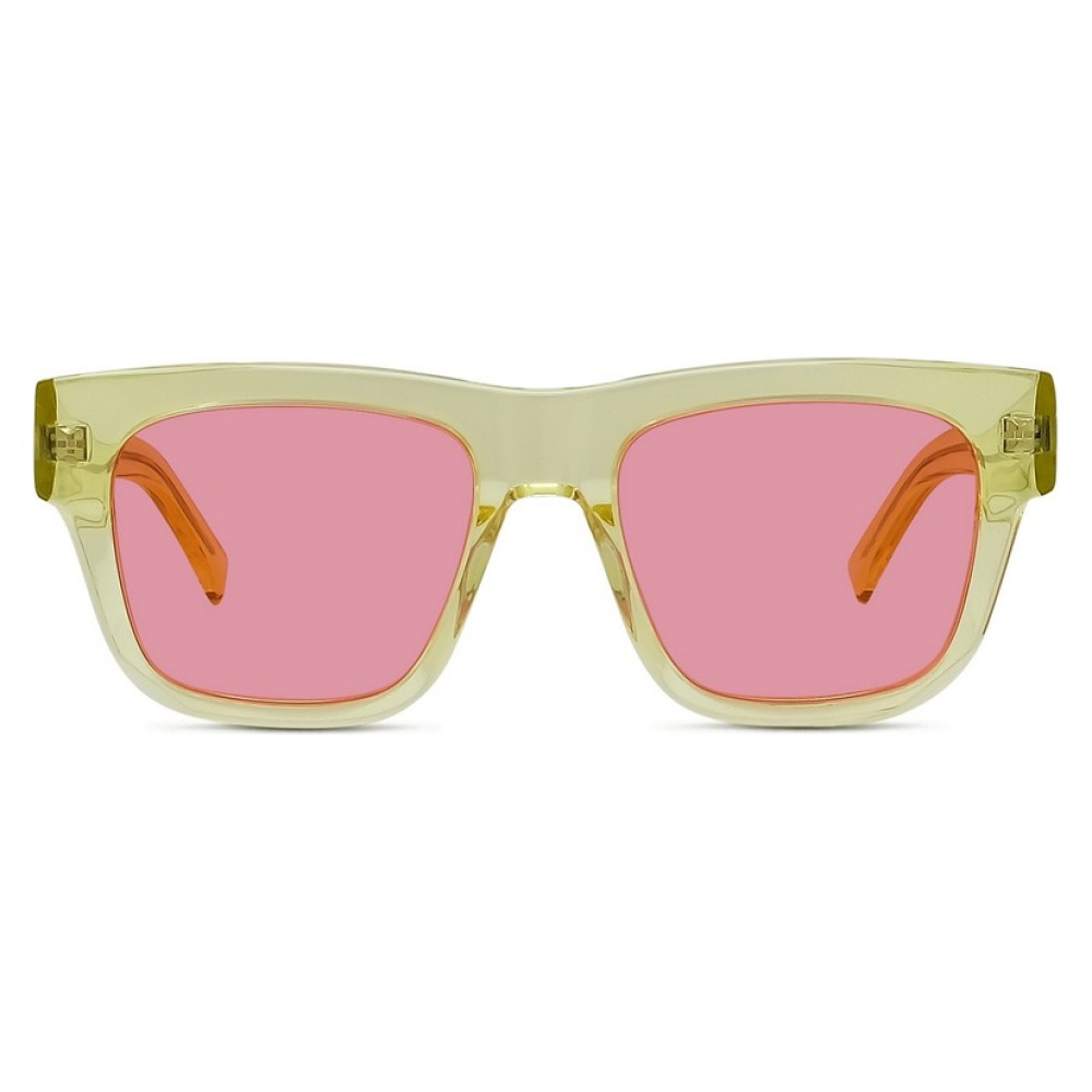 Occhiale da sole, montatura rettangolare in acetato giallo, lenti rosa.