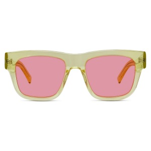 Occhiale da sole, montatura rettangolare in acetato giallo, lenti rosa.