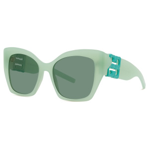 Occhiali da sole verde menta, forma a farfalla, dettagli in plastica color turchese.