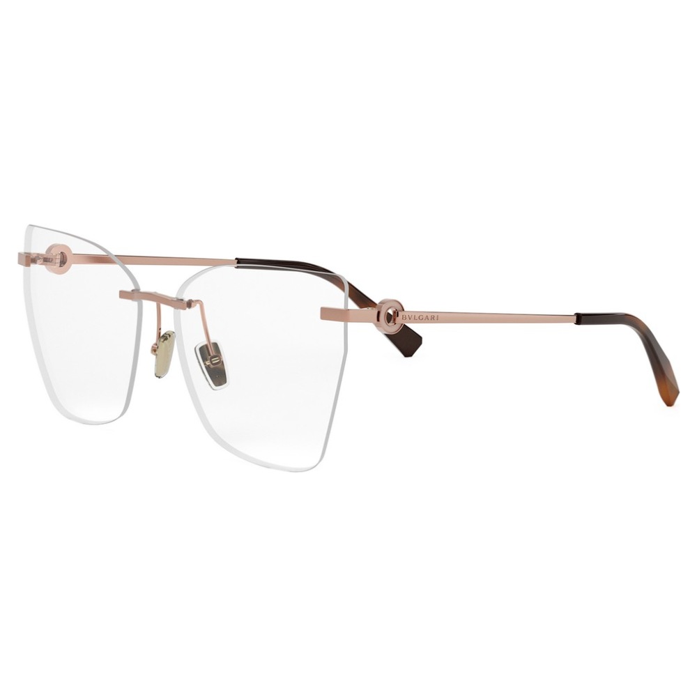 Occhiali Bvlgari con montatura geometrica in metallo rosa. Design minimalista ed elegante.