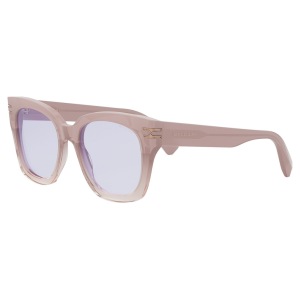 Occhiali da sole Bvlgari, forma squadrata, montatura color rosa chiaro trasparente con dettagli dorati.