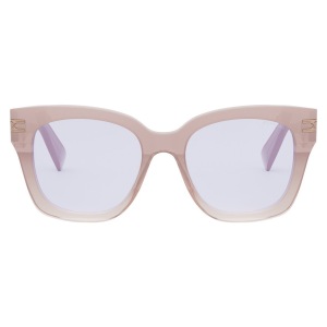 Occhiali Max Mara, montatura rettangolare oversize, colore beige trasparente con dettagli dorati.