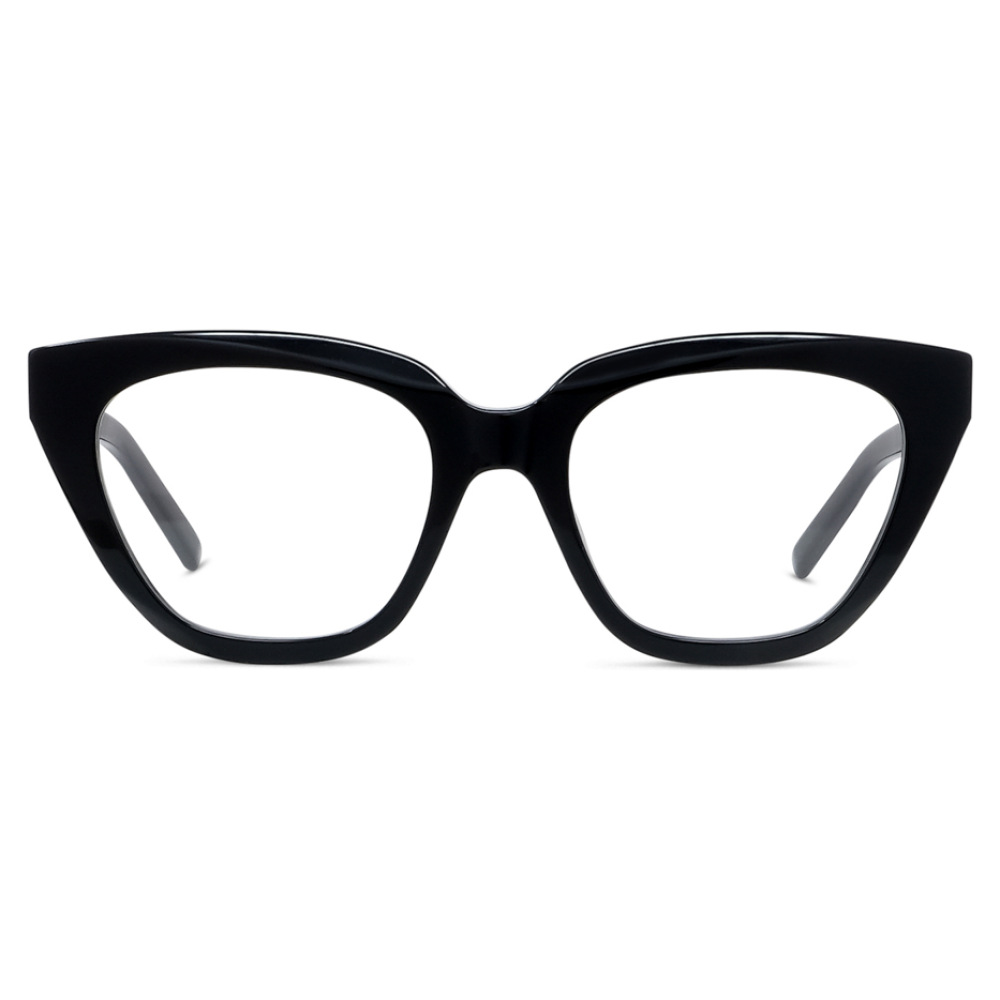Occhiali da vista cat-eye, montatura nera spessa. Modello elegante e sofisticato. Marchio sconosciuto.