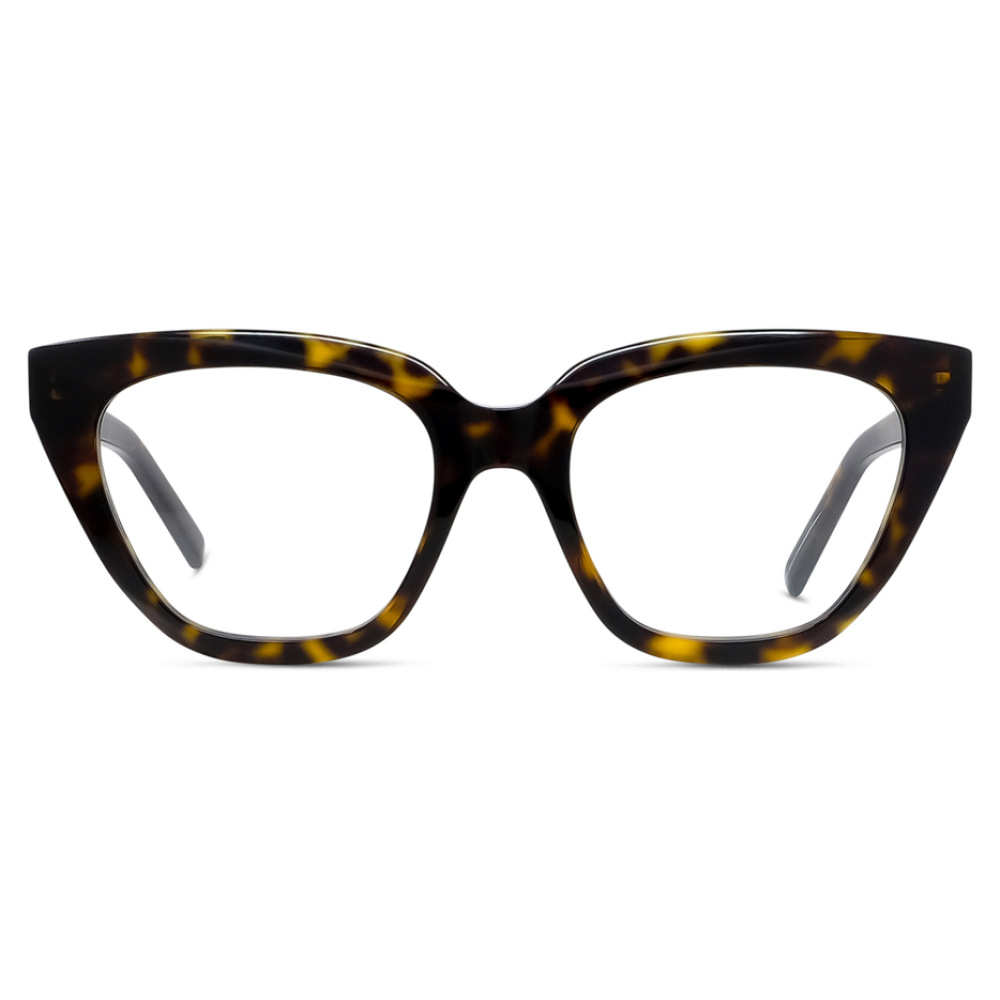 Montatura occhiali cat-eye tartarugata, tonalità marrone scuro, senza marchio visibile.