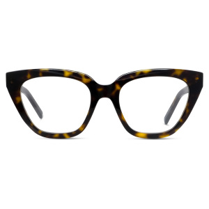 Montatura occhiali cat-eye tartarugata, tonalità marrone scuro, senza marchio visibile.