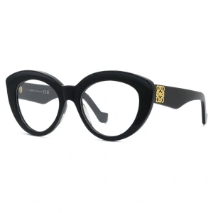 Occhiali da vista Loewe, forma cat-eye, montatura nera con logo dorato sulle aste.