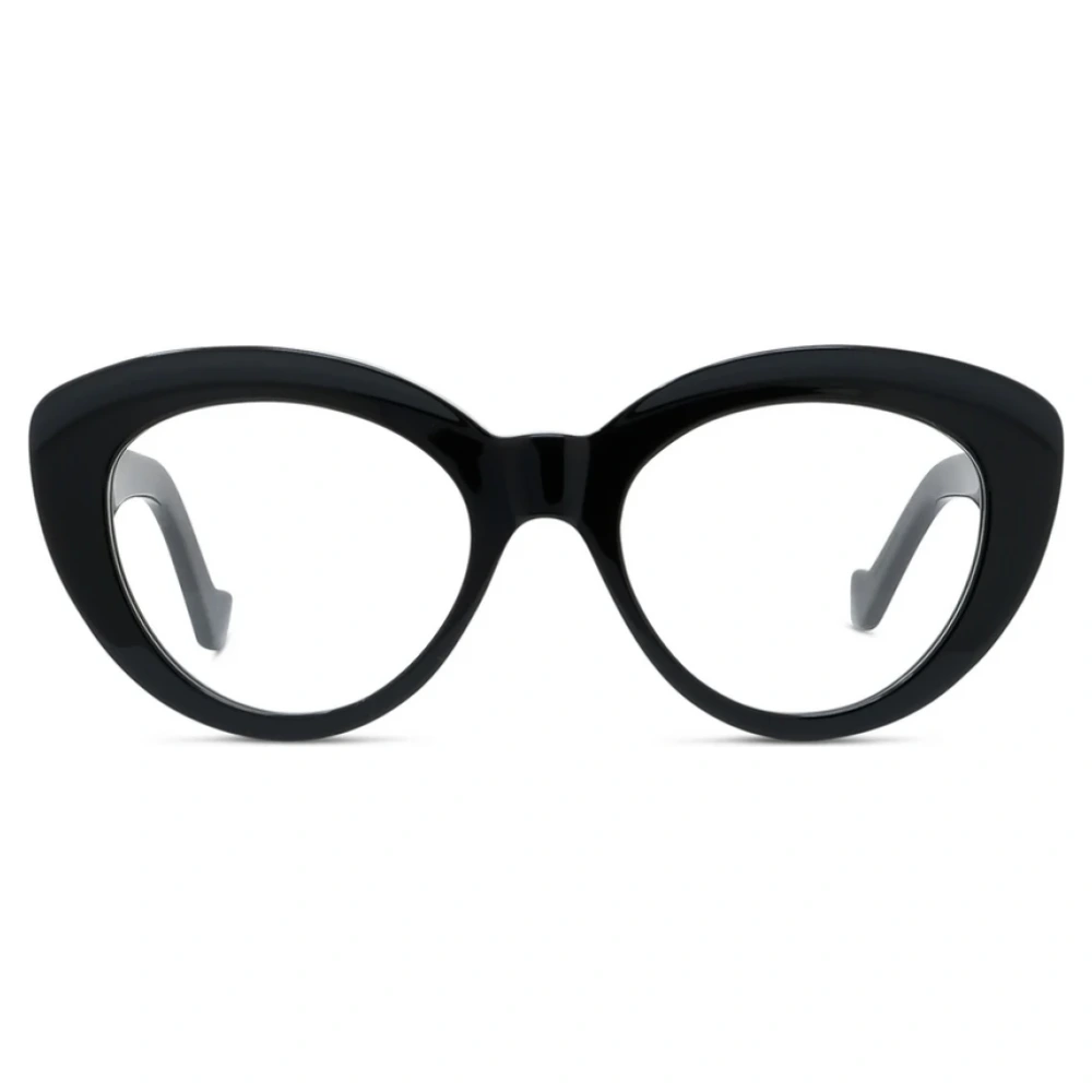 Occhiali cat-eye neri con montatura spessa; elegante e iconico. Marchio non visibile.