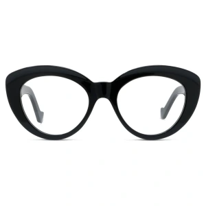 Occhiali cat-eye neri con montatura spessa; elegante e iconico. Marchio non visibile.