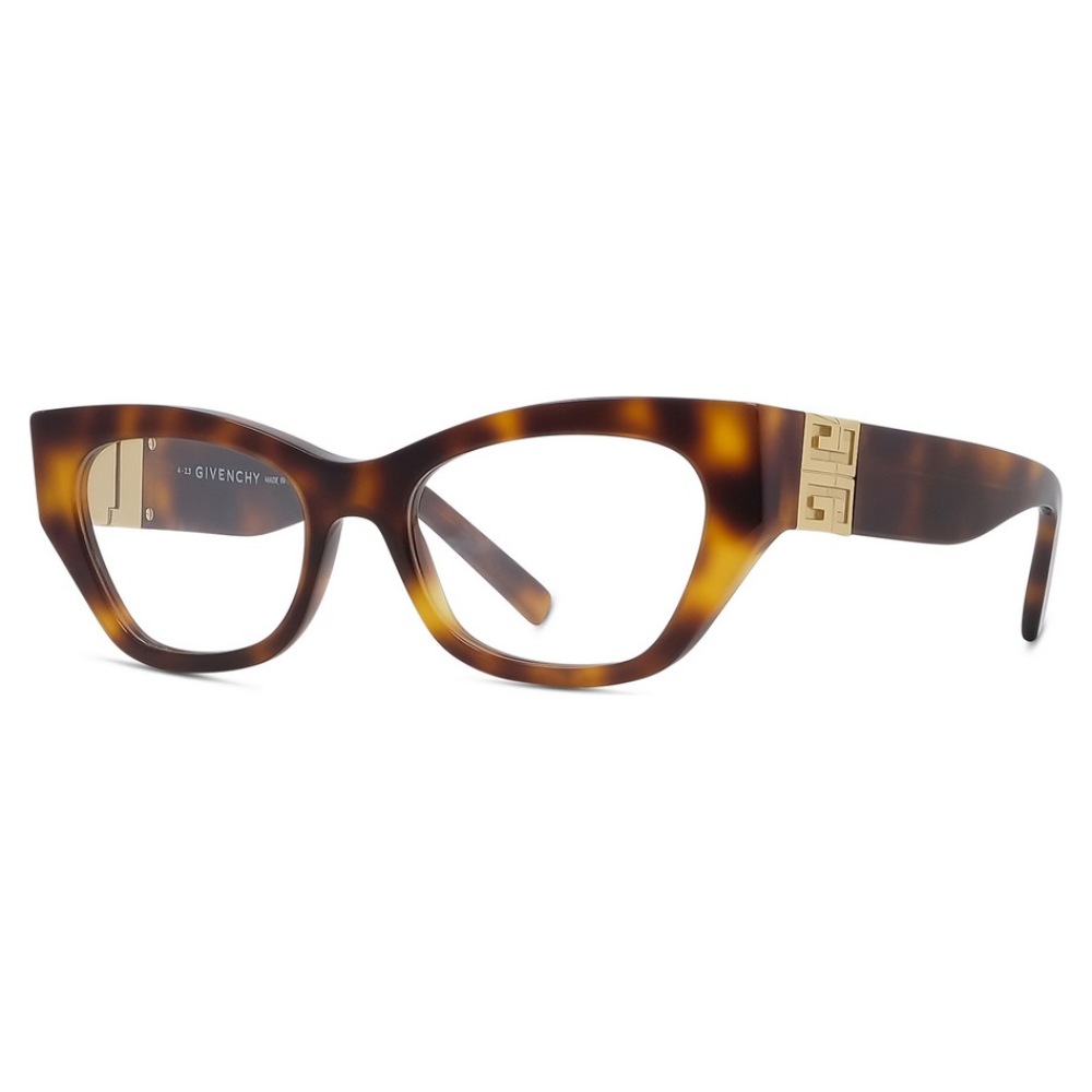 Occhiali Givenchy, montatura cat-eye marrone tartarugata con dettagli dorati laterali.