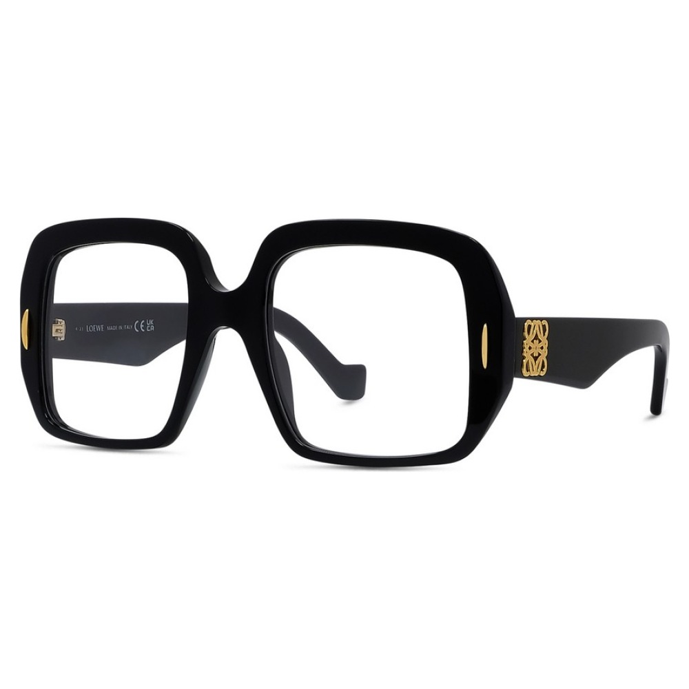 Occhiali Loewe, montatura ampia e squadrata in acetato nero con dettagli dorati sul lato.