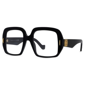 Occhiali Loewe, montatura ampia e squadrata in acetato nero con dettagli dorati sul lato.