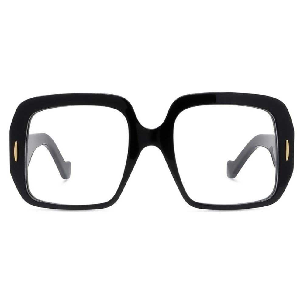 Montatura occhiali nera, forma rettangolare, dettaglio ovale oro sulle aste, stile vintage elegante.