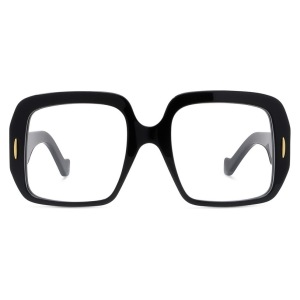 Montatura occhiali nera, forma rettangolare, dettaglio ovale oro sulle aste, stile vintage elegante.