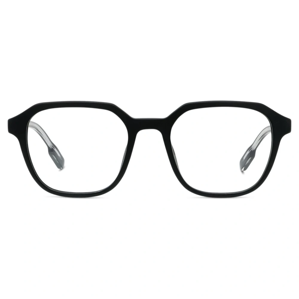 Occhiali da vista, montatura nera, forma rettangolare arrotondata. Marchio non specificato.