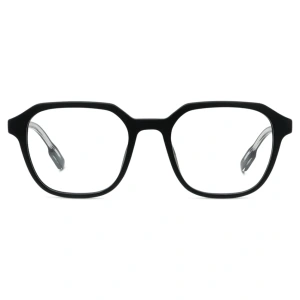 Occhiali da vista, montatura nera, forma rettangolare arrotondata. Marchio non specificato.