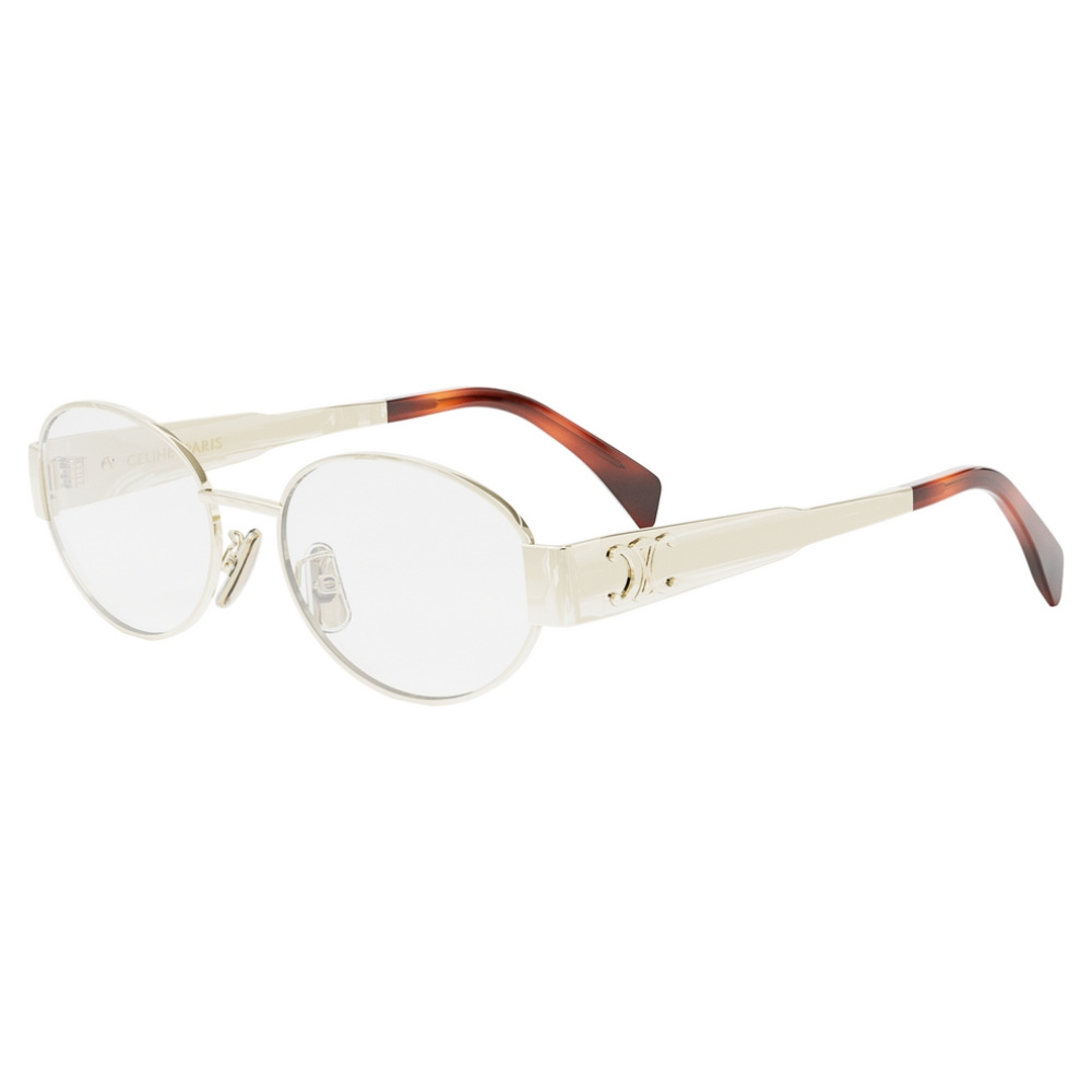Montatura trasparente, forma ovale, aste color marrone sfumato. Design elegante, dettagli raffinati.