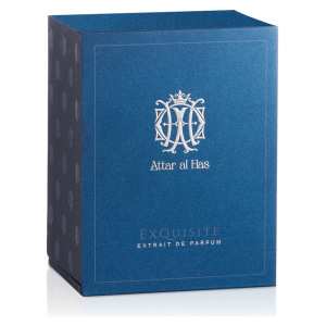 Scatola blu di profumo Attar al Has, design elegante e raffinato, con logo argentato in rilievo.