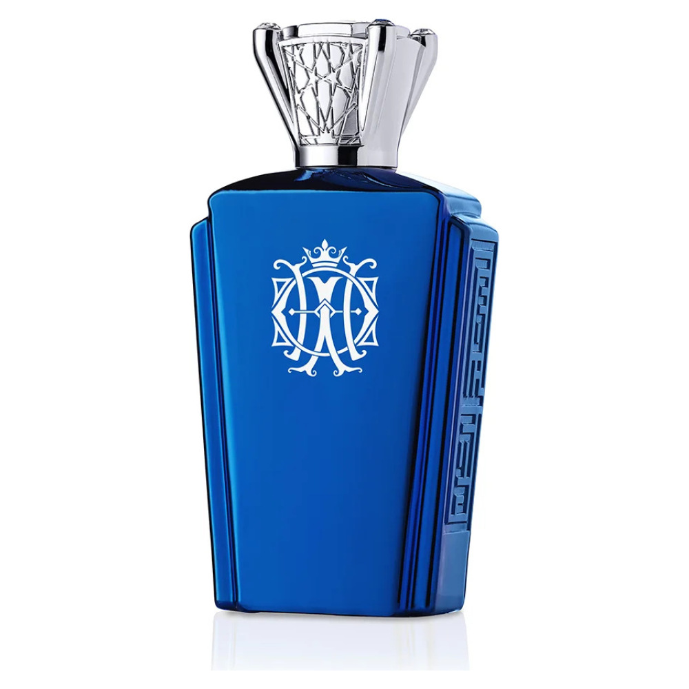 Bottiglia di profumo Alexandre J The Majestic Oud, colore blu con dettagli argentati, eleganza classica.