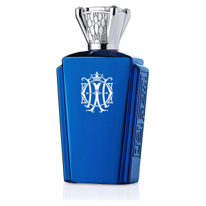 Bottiglia di profumo Alexandre J The Majestic Oud, colore blu con dettagli argentati, eleganza classica.