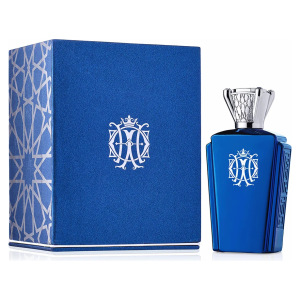 Flacone di profumo blu con dettagli argentati, marchio artistico, confezione coordinata con motivi geometrici.