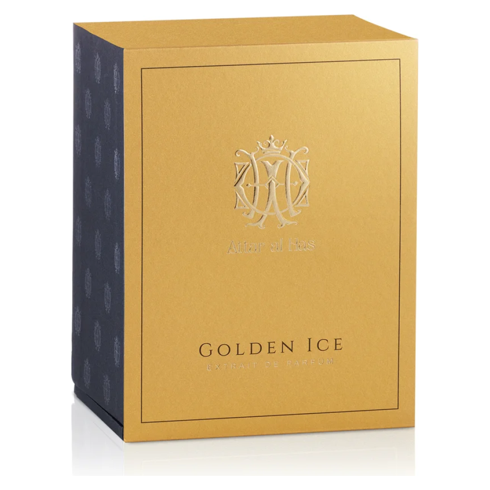 Scatola profumo Golden Ice di Attar Al Has, colore oro con logo centrale e dettagli raffinati.