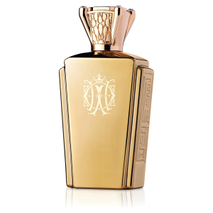 Boccetta di profumo dorata, forma elegante, con motivo decorativo e tappo elaborato. Marchio Moresque.