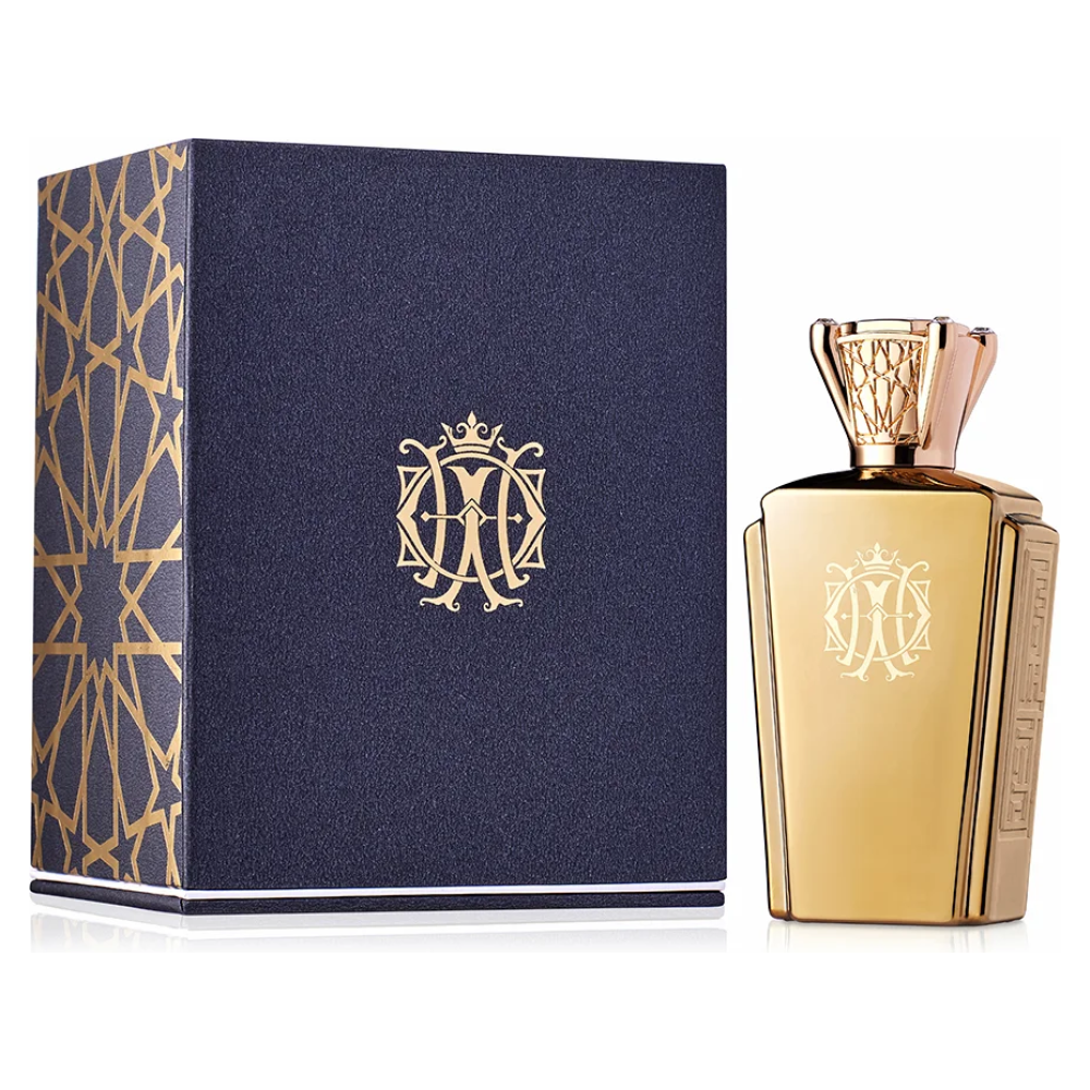 Flacone dorato elegante del profumo Khaltat Night di Ajmal, con una confezione blu e decorazioni dorate.