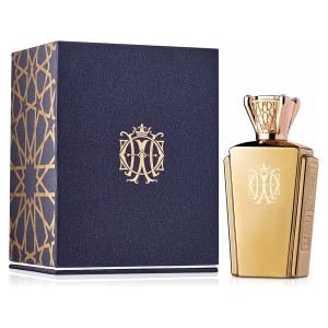 Flacone dorato elegante del profumo Khaltat Night di Ajmal, con una confezione blu e decorazioni dorate.