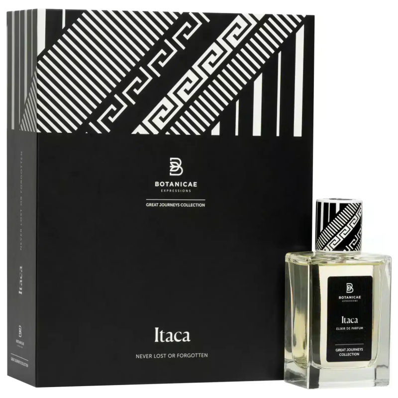 Profumo Itaca di Botanicae; confezione elegante nera con motivi geometrici bianchi e neri.