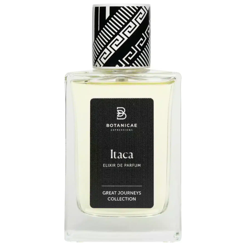 Profumo Botanicae Itaca in flacone trasparente con tappo decorato in bianco e nero, elegante e moderno.