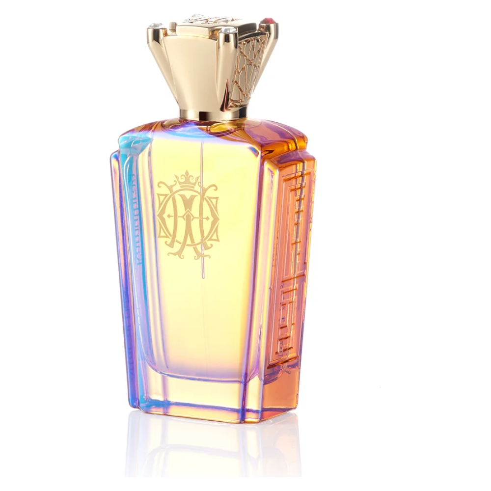 Flacone di profumo rosa-dorato con dettagli oro e design elegante di Alexandre.J, con tappo decorativo.